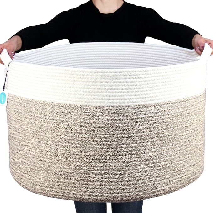 Casaphoria XXXLarge Cotton Rope Basket for Living Room - Woven Storage Basket with Handle for Blankets, Towels and Pillows Laundry Hamper | Cream white and Brown (22" x 22" x 14")
