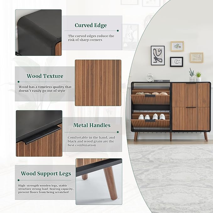 FurSch 47" Fluted Large Shoe Cabinet with 4 Flip Drawers | Slim Freestanding Organizer, Narrow Storage Rack, for Entryway, 5 Sturdy Legs