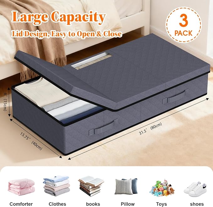 StoreHappily Under Bed Storage Containers with Lids, 3 Pack Foldable Grey | Storage organizer, Stackable Clothes Storage Bags, For Blankets Pillows Clothing, Clear Window, 3-Sided Handles, Label Slot