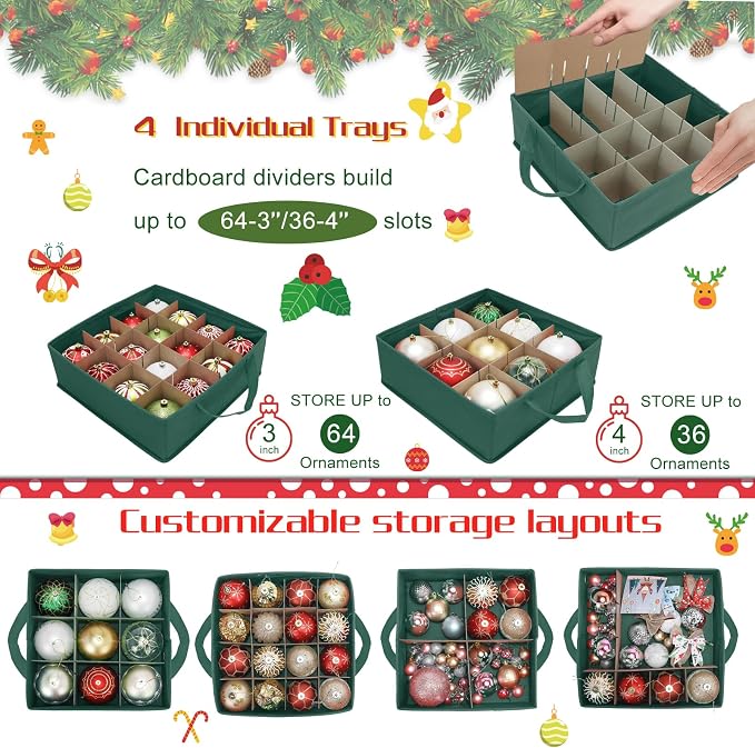 2-in-1 Christmas Ornament Storage Box Keeps 64-3"/36-4" Holiday Ornaments | Xmas Figurine Organizer Container,4 Separate Trays , Adjustable Extent Area for Figurines and Pockets for Holiday Décor