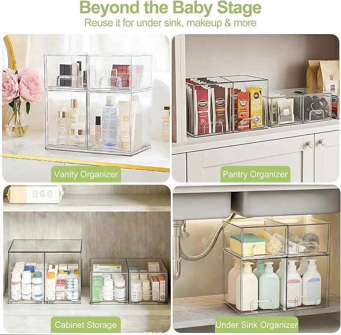 Bottle Storage Organizer Baby: Acrylic Stackable Storage Drawers | Clear Bottles Station Organizer for Countertop, Vanity, Bathroom, Cabinet Organization - 4 Pack