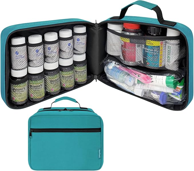 Large Pill Bottle Organizer & Medicine Bag for Travel, Turquoise | Prescription bottle organizer with 10 bottle pockets and padded storage for medication bottles, supplements, vitamins