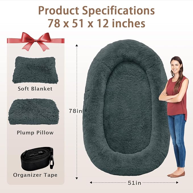ROOMTEC Human Dog Bed, 78''x51''x12'' Size Fits Adult and Pet Washable Giant People Bed 10 CM Thick Memory Foam Large Oversize Pet Bed with Plump Pillow, Blanket, Strap - Darkgrey