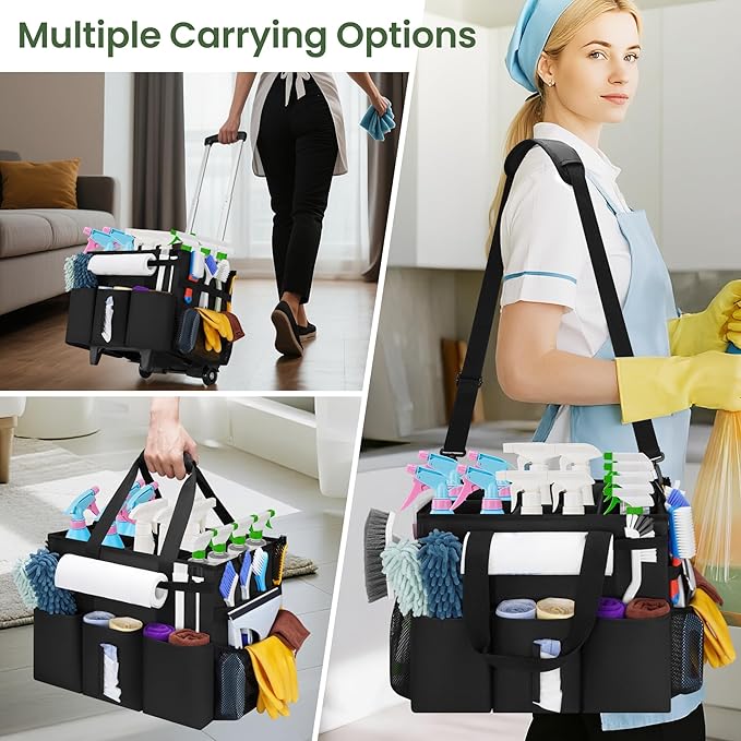 Large Rolling Cleaning Caddy with Detachable Trolley for Housekeeper | Large Capacity Cleaning Supply Organizer Bag with Wheels, Multiple Pockets, Water-resistant