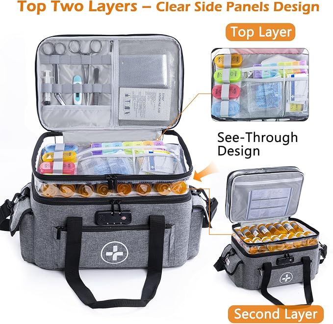 BAGSFY 3-Tier Medicine Organizer with Combination Lock – Large Medicine Bag, Empty First Aid Kit Case, Pill Bottle Medical Supply Organizer, Travel Prescription Bag, Medication Storage Container