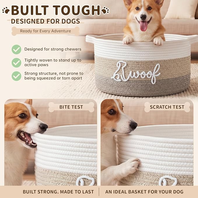 OIAHOMY 30L Large Dog Toy Basket, 17.8"×13"×10" Cotton Rope Basket with Cute Woof Embroidery, Soft Woven Pet Toy Box with Handles for Blankets, Leashes & Puppy Accessories, Decorative Organizer Brown