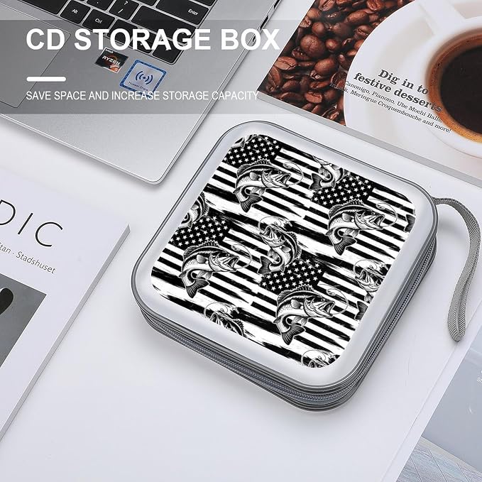 Portable Hard Shell DVD Storage Black And White American Flag Camo Fish, 40-Disc Binder with Carry Strap, Protective Case for Movies Music Travel