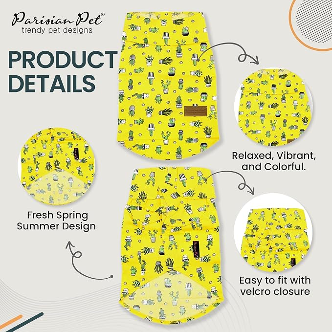 Parisian Pet Cactus Dog Shirt - Cotton Clothes for Large Dogs - Stylish Tropical Yellow Dog Outfit - Lightweight and Soft Puppy Clothes - Trendy Tshirts for Dogs - Comfortable Summer Camp Pet Apparel