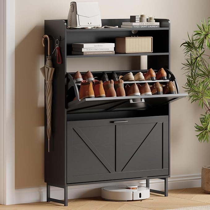 Xixini Shoe Storage Cabinet with 2 Flip Drawers, Entryway Shoe Rack, Black | Freestanding Narrow Shoe Storage, Hidden Slim Wood Shoe Organizer, Modern Farmhouse, Open Storage & Hooks for Closet, Hallway