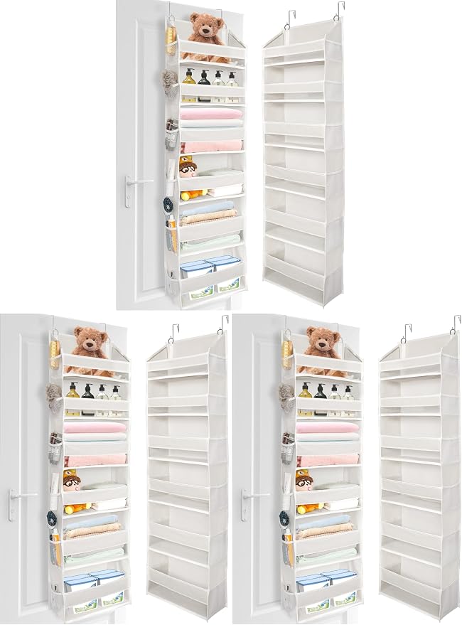 ULG Over The Door Organizer with 6 Large Pockets 12 Side Pockets, 50lbs Weight Capacity Door Hanging Organizer for Bedroom, Bathroom, Pantry, Nursery Storage, Beige (Pack of 3)