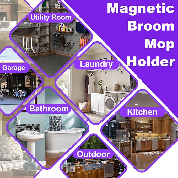Heavy Duty Magnetic Mop Broom Holder with Swivel Hooks | Strong Magnet Mount Tool Hanger Organize System Utility Rack for Refrigerators Laundry Garage Kitchen