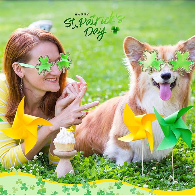 St. Patrick's Day Dog Sunglasses with Adjustable Strap, Green Shamrock Pet Glasses Accessory for Medium Large Dogs Cats, Irish Festival Parade Costume & Photo Prop(Shamrock)