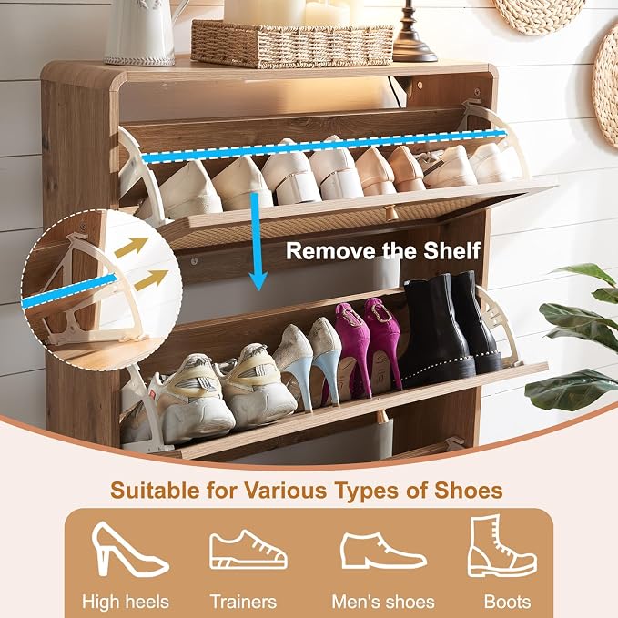 Rattan Shoe Cabinet with 2 Flip Drawers, 16 Pairs Narrow Shoe Storage Cabinet for Entryway Freestanding Hidden Shoe Rack, Modern Slim Wood Shoe Organizer for Hallway, Natural
