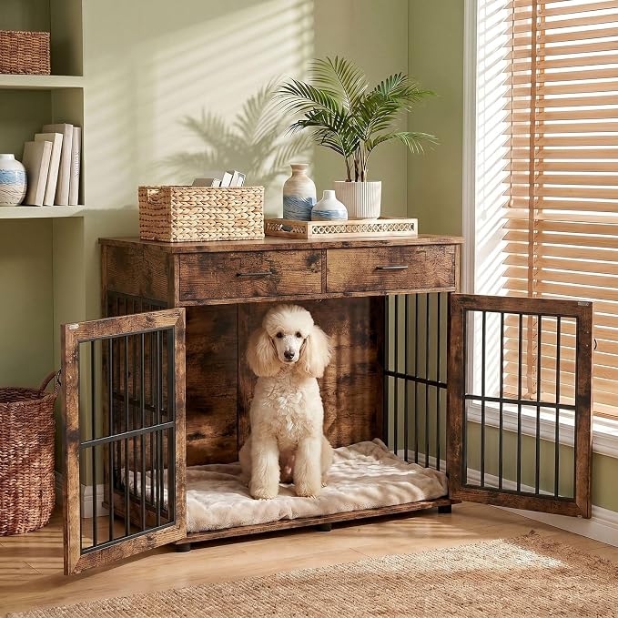 VOWNER 43.3" Large Dog Crate Furniture with 2 Drawers, Brown | Wooden Dog Kennel Furniture End Table with 3 Doors, XL Dog Kennel Indoor with Storage, Dog Cage TV Stand for Large Medium Dog