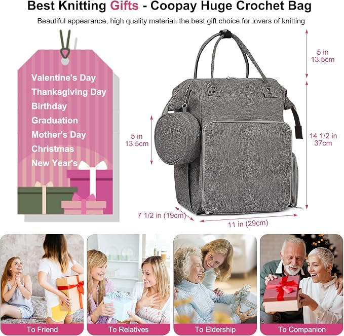 Coopay Huge Crochet Bag, Travel Knitting Bag Yarn Storage Knitting Tote Bag | 7.48''x 11.41''x 14.57''Large Capacity Yarn Storage Organizer for Unfinished Project, Yarn, Knitting & Crochet Supplies, Gray