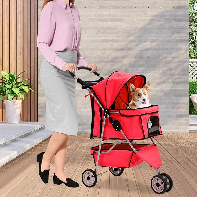 BLKMTY Folding Dog Stroller, 3 Wheels Pet Stroller, Foldable Cat Strollers Waterproof Travel Carrier Strolling Cart for Puppy Jogger with Cup Holder & Storage Basket, Red
