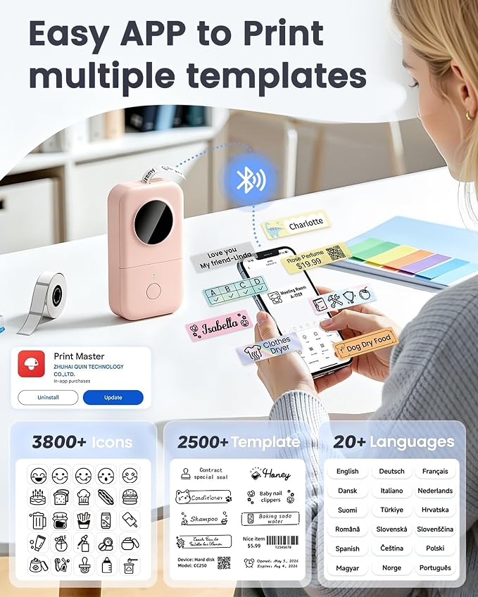 Phomemo Label Maker, Bluetooth Mini Portable Label Printer for Home School | Small Label Maker Machine with Tape, Lightweight Rich Templates Fonts Icons for Home, School Classroom Name Label, Office