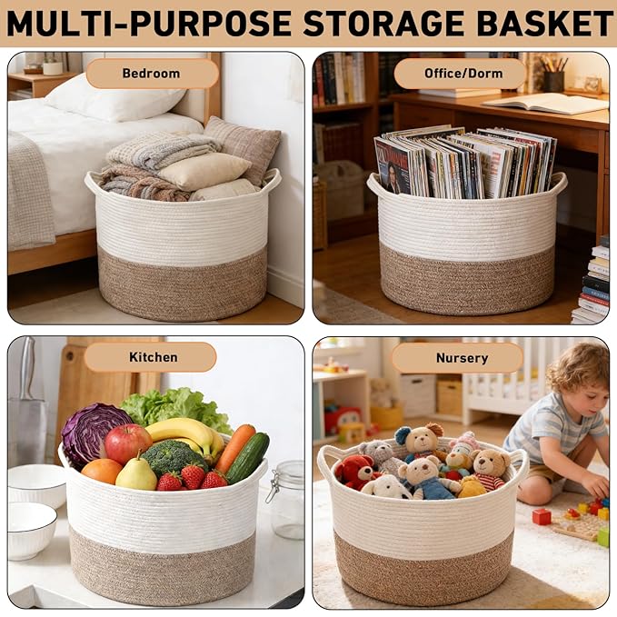 90L Woven Blanket Basket,Extra Large Laundry Basket-White & Brown | Collapsible Nursery Storage Bin with Sturdy Handles, Organizes Clothes, Toys and Pillows for Living Room, Bedroom, Bathroom