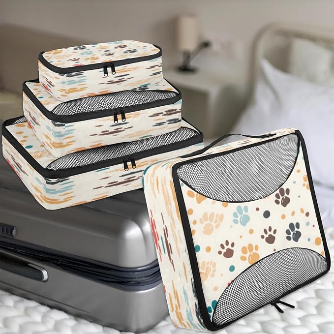4 Set Packing Cubes for Travel, Cat Paw Print Packing Cubes for Women, Travel Luggage Packing Organizers, Packing Cube Set, Dog Pet Paw Print