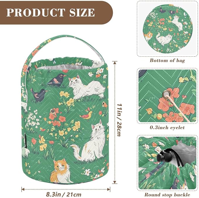 Tatenale Crochet Bag Yarn Bag Knitting Project Bag with Pockets and Handle Portable Yarn Storage Organizer Tangle Free 8.3x11 InchGreen Persian Cat and Hummingbird in Spring39