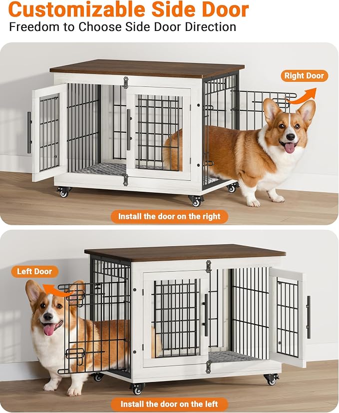 YaFiti Dog Crate Furniture, 32.5” Wooden Indoor Dog Kennel, 2 Pack, White | Cushion, Wheels, Double Doors, Furniture Style, Side End Table, Decorative Pet Cage House, Up to 45 lb, for Small/Medium Dogs