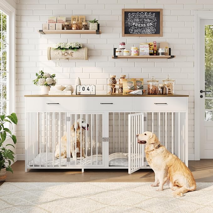 HOSTACK Double Dog Crate, 71"W Indoor Dog Kennel Furniture for 2 Dog, White | 3 Drawers for Easy Storage, Heavy-Duty Cage, Removable Divider, Slide Bolt Latch, Modern Farmhouse Pet House for XL/XXL Dogs