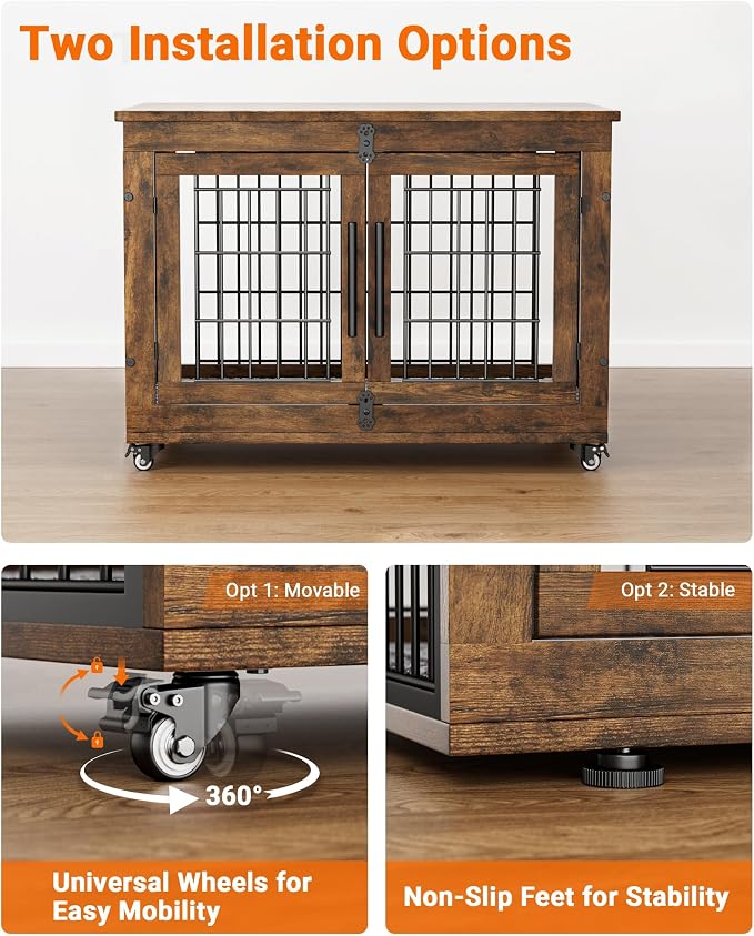 YaFiti Dog Crate Furniture, 32.5” Wooden Dog Kennel, 2 Pack, Rustic Brown | Cushion, Wheels, Double Doors, Furniture Style, Side End Table, Decorative Pet Cage House, Up to 45 lb, for Small/Medium Dogs