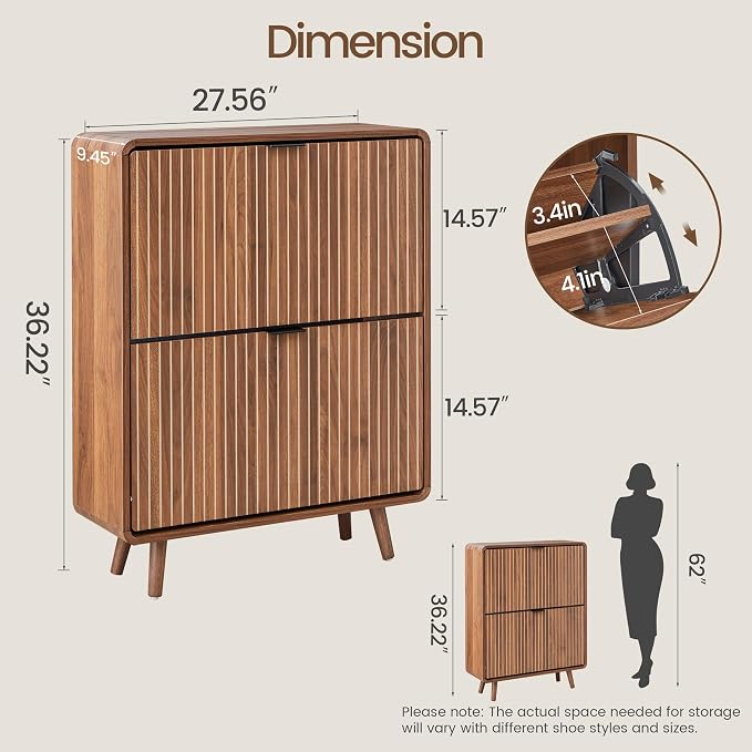 FurSch Fluted Shoe Storage Cabinet with 2 Flip Drawers | Narrow Shoe Rack Cabinet Organizer, Adjustable & Removable Shelves, for Entryway