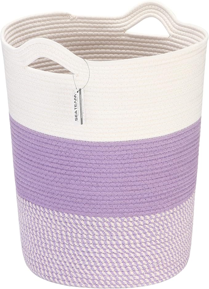 Sea Team Large Woven Cotton Rope Laundry Basket with Handles, 20 x 14 in | Collapsible Knitted Hamper, Closet Shelf Organizers, Containers for Clothing, Blankets, Toys, Bedding, Mottled Lavender