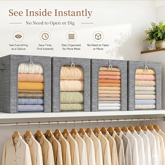 GoMaihe Blanket Storage Bins with Metal Frame for Closet, 55L 6-Pack Grey | Clothing Bedding Winter Coat Comforters , Closet Top Shelf, Collapse-Proof Stackable, See Through, Dual Access Space Saving