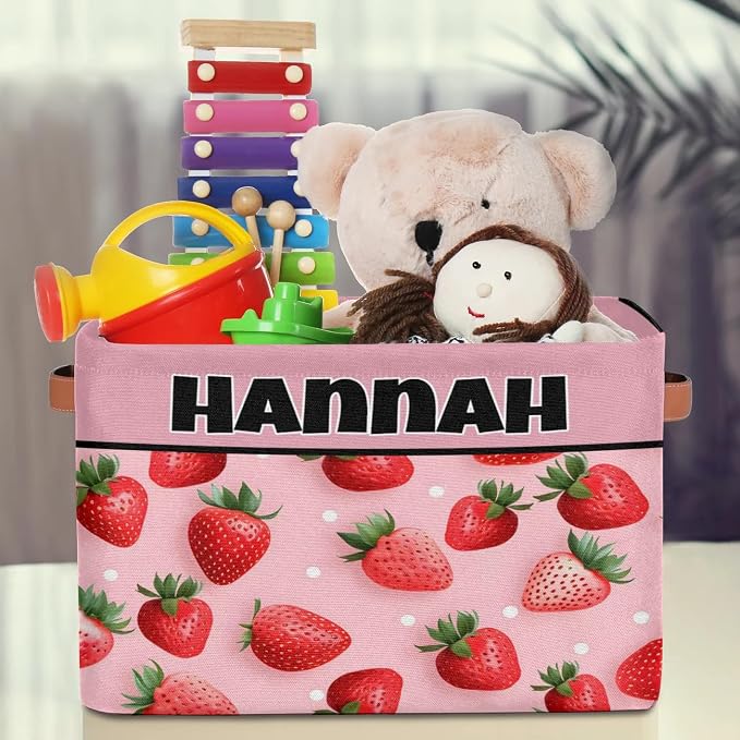 Custom Name Storage Bin, Personalized Rectangular Storage Basket with Handles for Organizing Girls Toys Office Closet Shelf Baskets Fruit Strawberry Pink Background