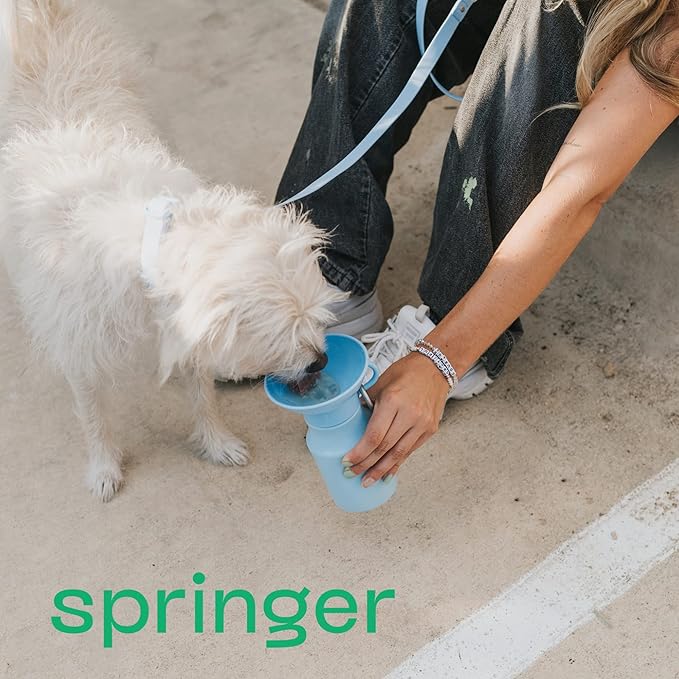 Springer Dog Water Bottle | Portable Travel Drinking Feeder Dispenser for Dogs & Puppies | As Seen on Shark Tank | Leak-Proof Bowl | BPA-Free | Outdoor Walking, Hiking & Travel | 15oz Blue