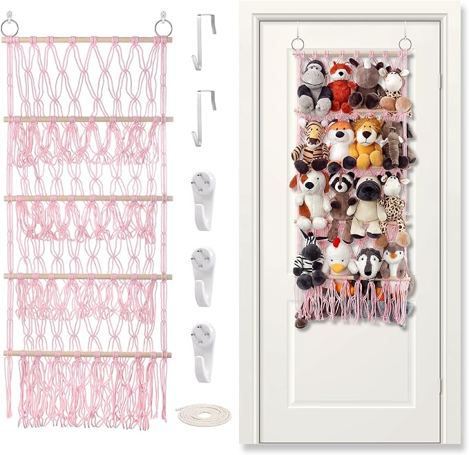 Stuffed Animal Net or Hammock Large Plushie Net Corner 4 Layer Toy Storage | Handmade Stuffed Animal Hammock Net with Boho Macrame Design Corner Organized Saves Space Holder Hanging for Plush Toys Pink