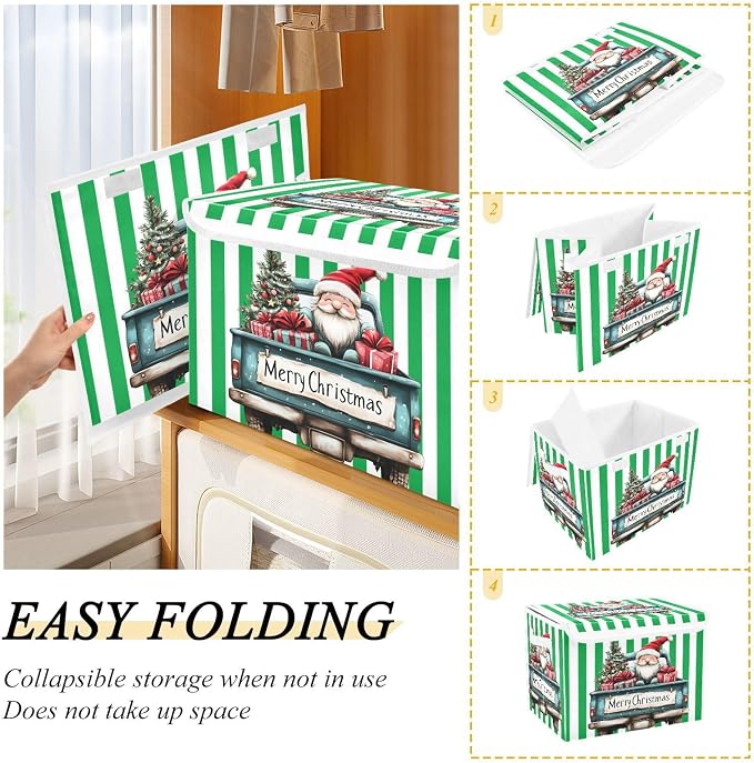 Christmas Truck Fabric Storage Bins with Lid Closet Storage Basket 40L | Foldable & Stackable, Flip Top Dust Guard, Reinforced Handles, Home & Bedroom, Clothes & Toys, Christmas Print Basket