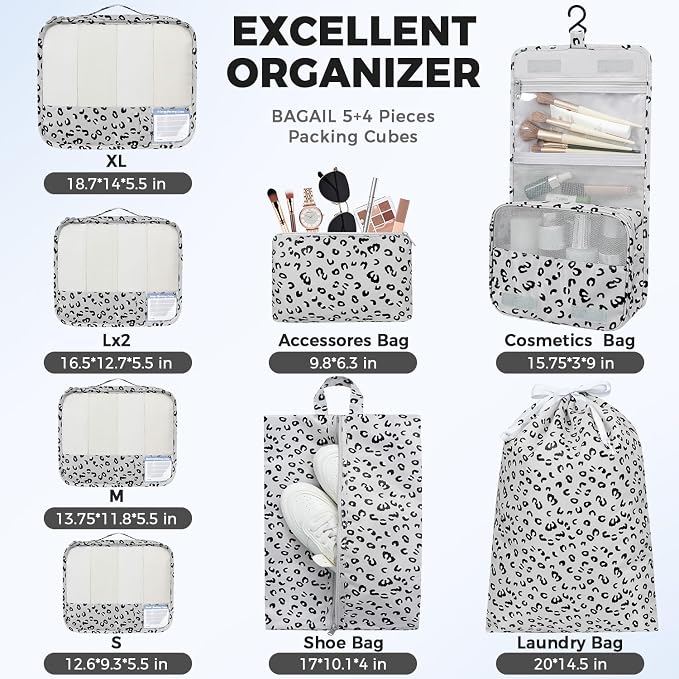 BAGAIL 9 Set Packing Cubes with Packing List Luggage Packing Organizers for Travel Accessories (Grey leopard)
