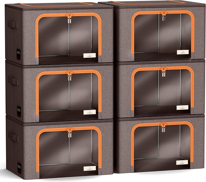 Sorbus Clothing Storage Bins with Clear Window, Metal Frame (6 Pack, Brown) | Oxford-fabric containers with carry handles stack neatly to organize bedding and linens in closets and laundry rooms.