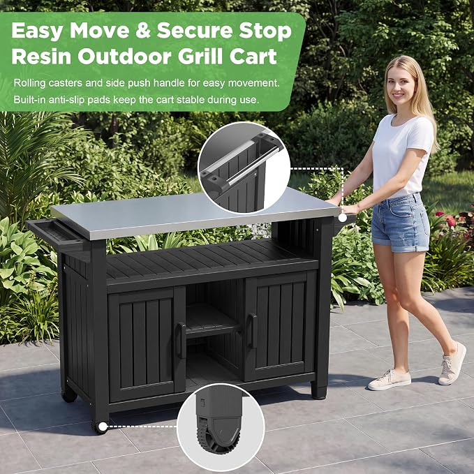 Bifanuo Outdoor Grill Table Grill Cart with Stainless Steel Top & Storage Cabinet for Food Prep and Storage, Portable and Durable with Wheels(Classic Black)