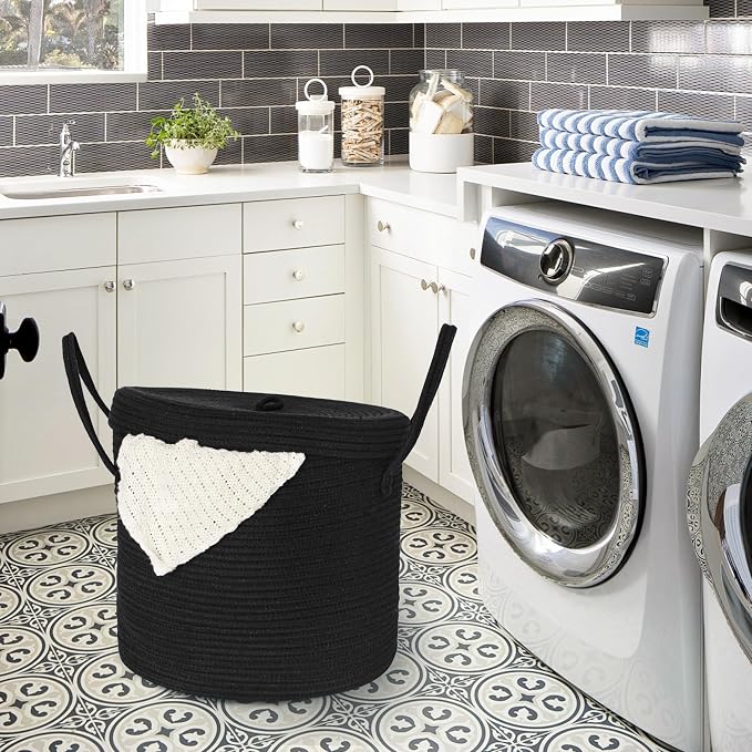 15" X 13" Large Black Basket with Lid, Cotton Rope Storage Basket for Blanket, Toy, Pillow, Towel, Laundry, Wicker Living Room Bedroom Storage Bin, Black Woven Organizing Basket with Cover
