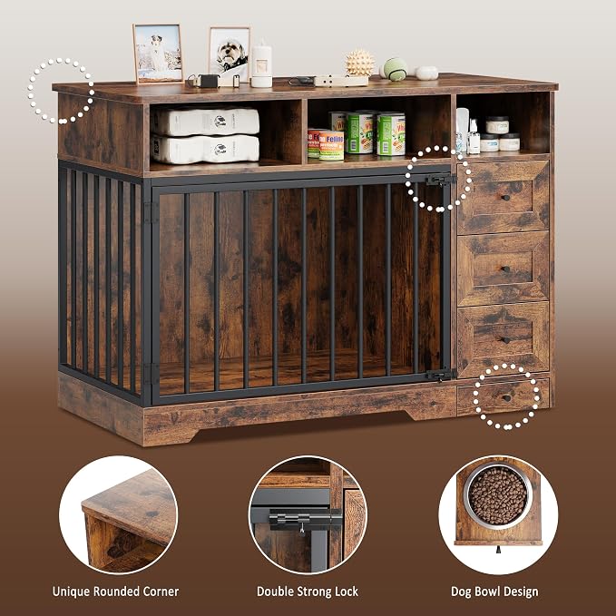 Heavy Duty Dog Crate Furniture, 48 Inch Modern Wooden Dog Kennel Indoor with Storage & 6 Drawers, Hidden Bowl, Sliding Lock End Table for Medium to Large Dogs