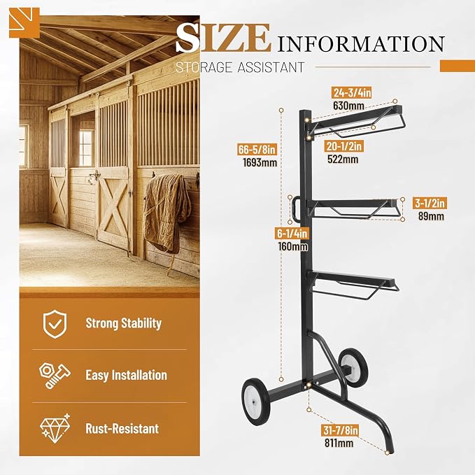 3 Tier Saddle Rack, Rolling Saddle Stand Cart with Wheel, | Heavy-Duty Rotatable Saddle Stand for English and Western Style Saddle Pad Rack, Portable Horse Tack Storage