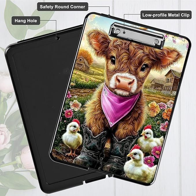 Heavy Duty Storage Clipboard, Slim Nursing Clipboard with Internal Pen Case, Portable File Organizer Case for A4 Letter Size Paper Office Medical Professionals, Rooster Yellow Cow