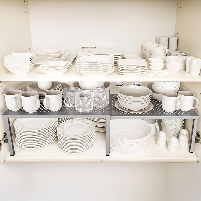 Simple Houseware Cabinet Counter Shelf Organizer w/Steel Surface, Silver | Expandable & Stackable 9" D x 12.75" W x 5.9" H