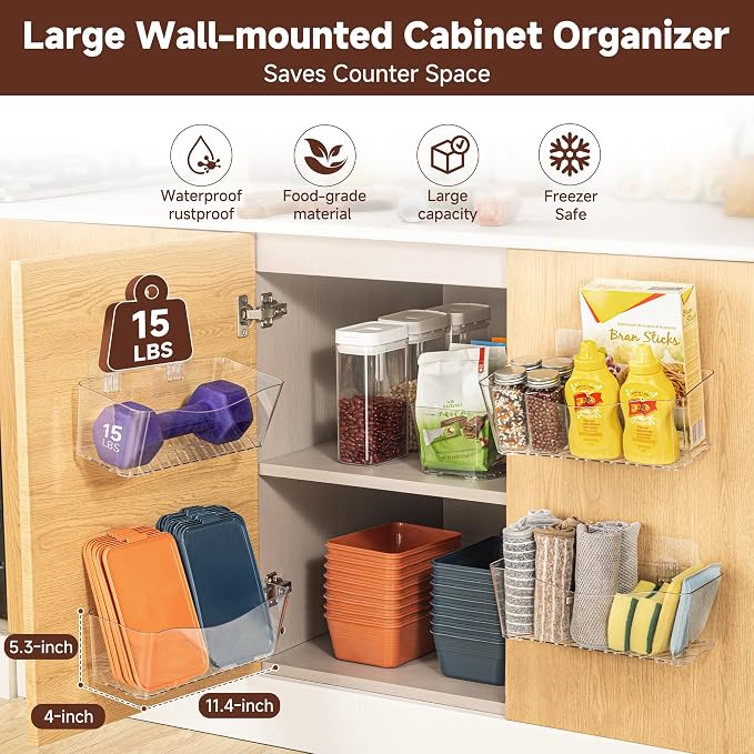 4-Pack Large Cabinet Door Organizer, 11.4" Adhesive Wall Mounted Pantry Organizers and Storage, Space Saving, Drain Bottom, No drill, Clea Storage Caddy Baskets for Kitchen, Bathroom, Under Sink
