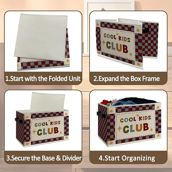 Kids Nursery Playroom Cube Storage Bins with Handles, Cool Kids Club Checkered Collapsible Fabric Storage Basket Boxes Books Clothes Organizer for Girls Boys Room Bedroom Bathroom