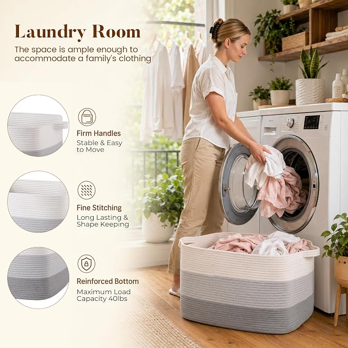 65L Large Woven Blanket Basket for Living Room, 19.7"x15.7"x11.8" | Nursery Laundry Hamper with Handle for Organizing Blankets, Pillows, Toy Storage With Handle, Large Baskets for Organizing