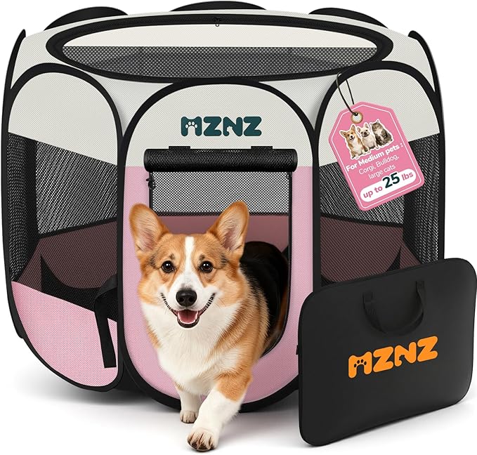 Dog Cat Small Animal Puppy Playpen Crate, Medium, Pink | Portable Pop Up Pet Cage Enclosure Tent Kennel Indoor Outdoor with Carrying Case, No Assembly, Camping Use