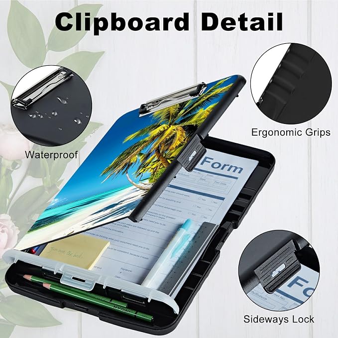 Blue Beach Palm Tree A4 Clipboard with Storage Pen Holder, Clipboards Organizer Nursing Clipboard Foldable File Folder Plastic Clipboard Folio Clip Board for Office Students Classroom