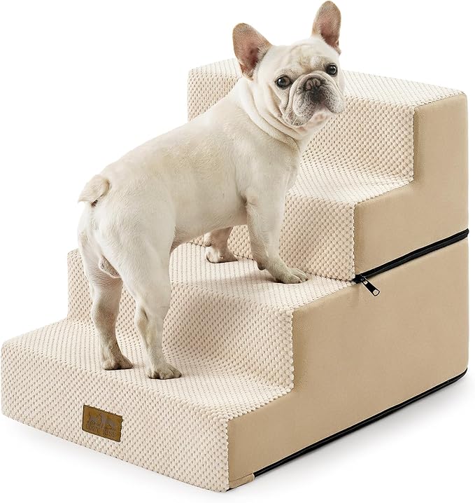 COZY KISS Dog Stairs for Small Dogs, 4 Step Pet Stairs for Beds & Couches | 17.7" H Wider Non-Slip Dog Steps with Removable Tiers & Support Board for Puppies, Older Cats & Dogs, Beige