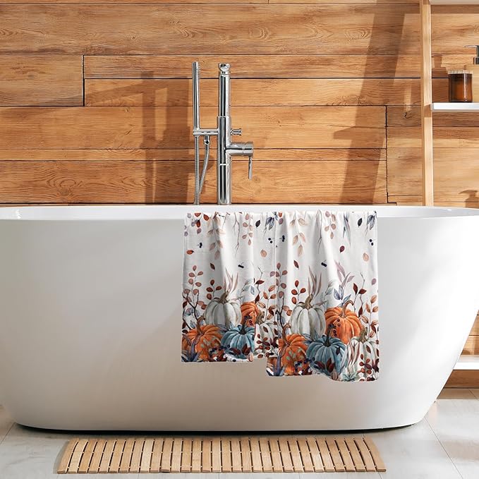 Giwawa Fall Hand Towel Set of 2, Autumn Leaf Orange Blue Pumpkins Decorative Towels, Colorful Harvest Thanksgiving Face Fingertip Towel Dish Wash Cloth for Bathroom Hotel Gym Home Spa