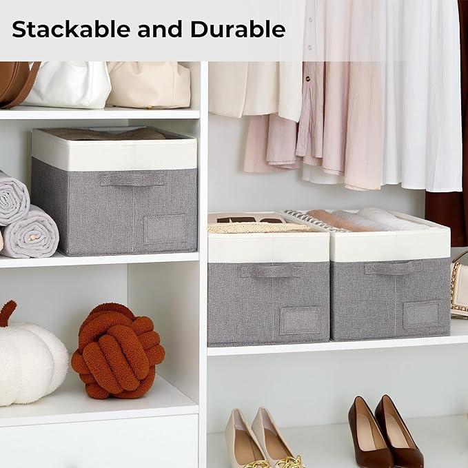 GRANNY SAYS Closet Storage Bins with Label, Gray&White, Large, 3-Pack | Storage Baskets for Organizing, Fabric Bins for Clothes, Closet Organizer Bins, Collapsible Cloth Bins